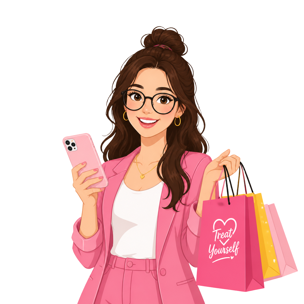 Nickie sorrindo, segurando um celular e bolsas de compras com cupons e ofertas ao redor